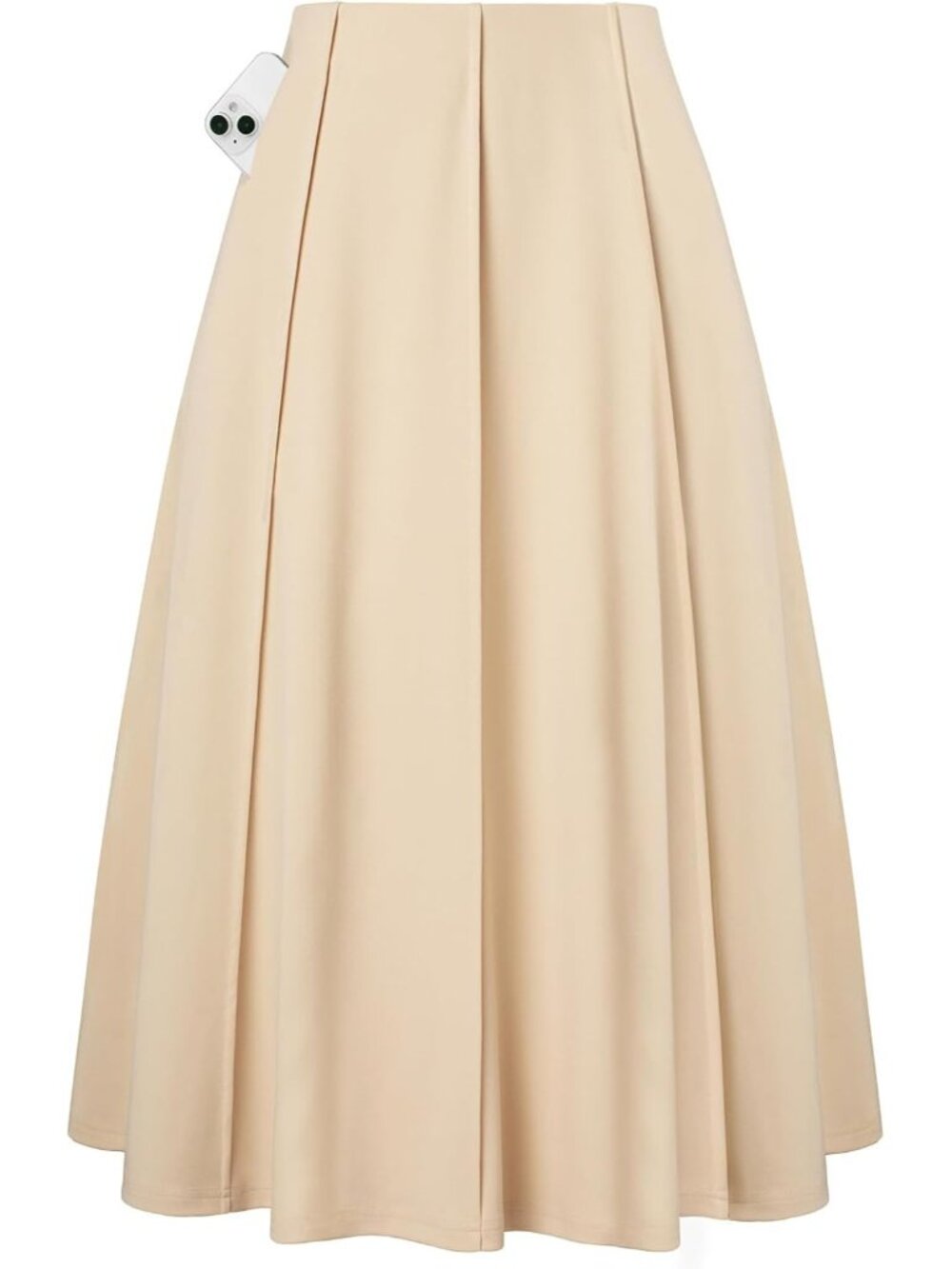 Women's Khaki Panel-pleated High-waisted Deep Side Pockets A Line Flowy Skirt